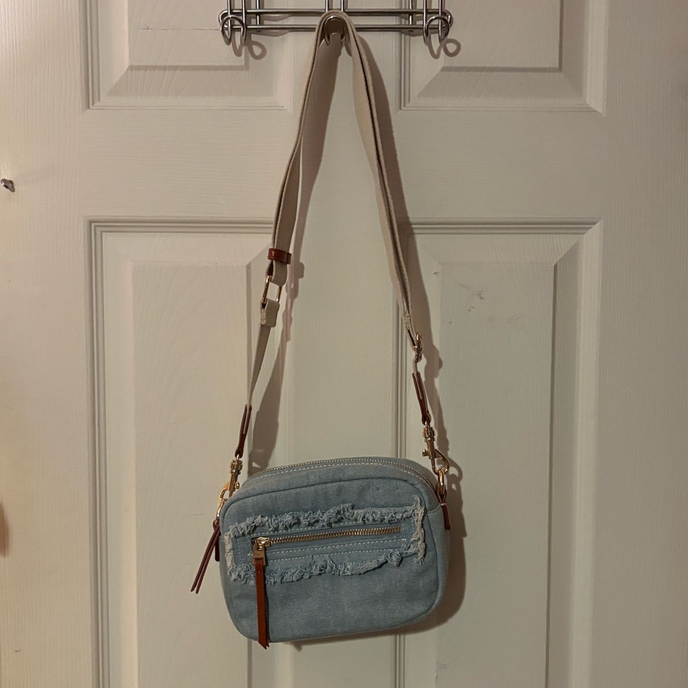 Denim Camera Crossbody Bag with Tan Strap - Picture 3 of 10